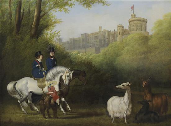 English School Queen Victoria and Prince Albert riding beside llamas with Windsor Castle in the background 44 x 60cm